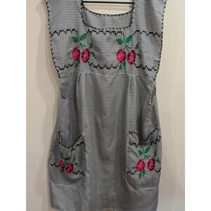 Homemade black gingham pinafore w/large pockets & hand embroidered cherries 2X